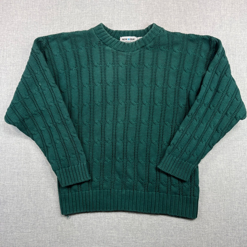 VTG 90s New Era Cable Knit Fisherman Sweater Men M Green Heritage Cottage Dad